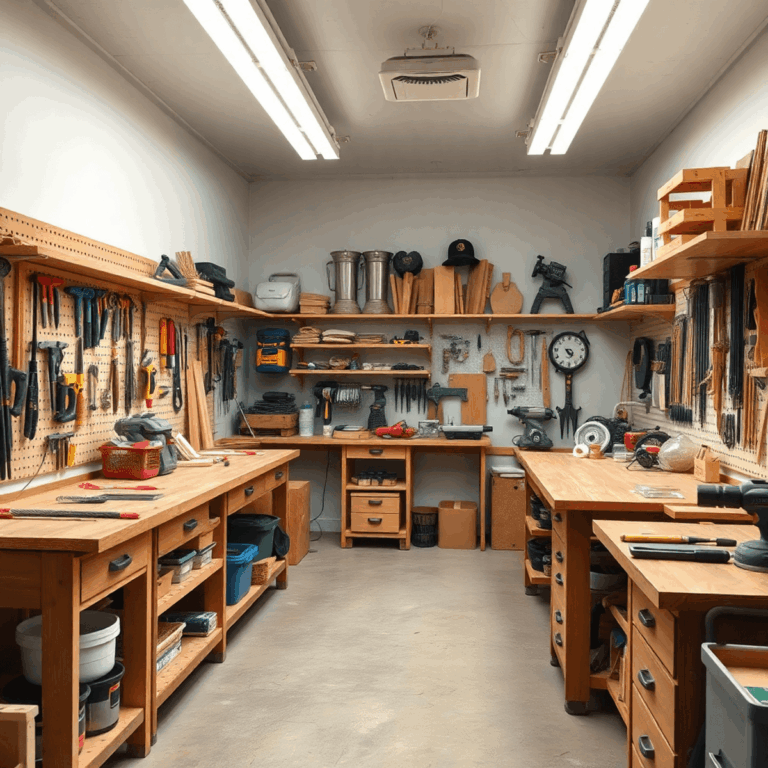 A bright, tidy workshop with tools neatly arranged on pegboards and shelves, featuring ample workspace for woodworking or DIY projects.