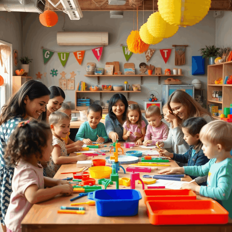 A cozy family workspace with parents and children happily doing colorful crafts and building activities, surrounded by bright, playful decorations.