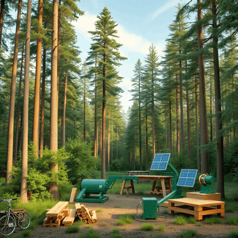 A peaceful forest with tall trees and eco-friendly woodworking tools powered by renewable energy, highlighting sustainable wood sourcing and green ...