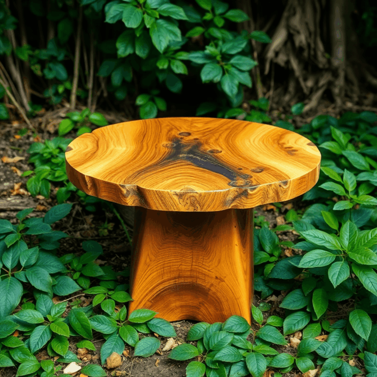 A wooden table made from sustainable timber, surrounded by green leaves and forest elements, highlighting eco-friendly woodworking.