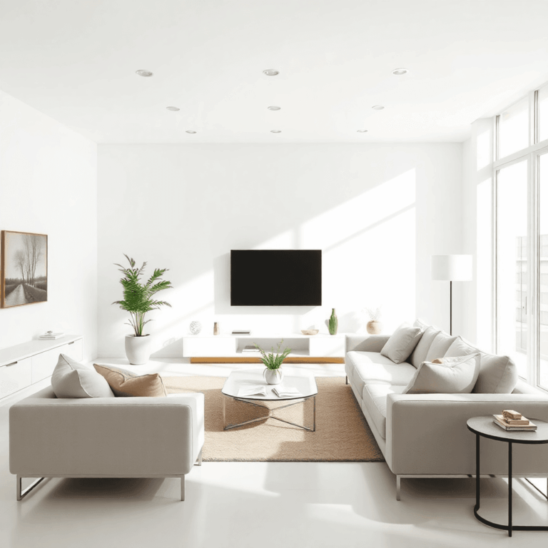 Bright, airy contemporary living room with sleek minimalist furniture, neutral colors, and uncluttered surfaces emphasizing simplicity and elegance.