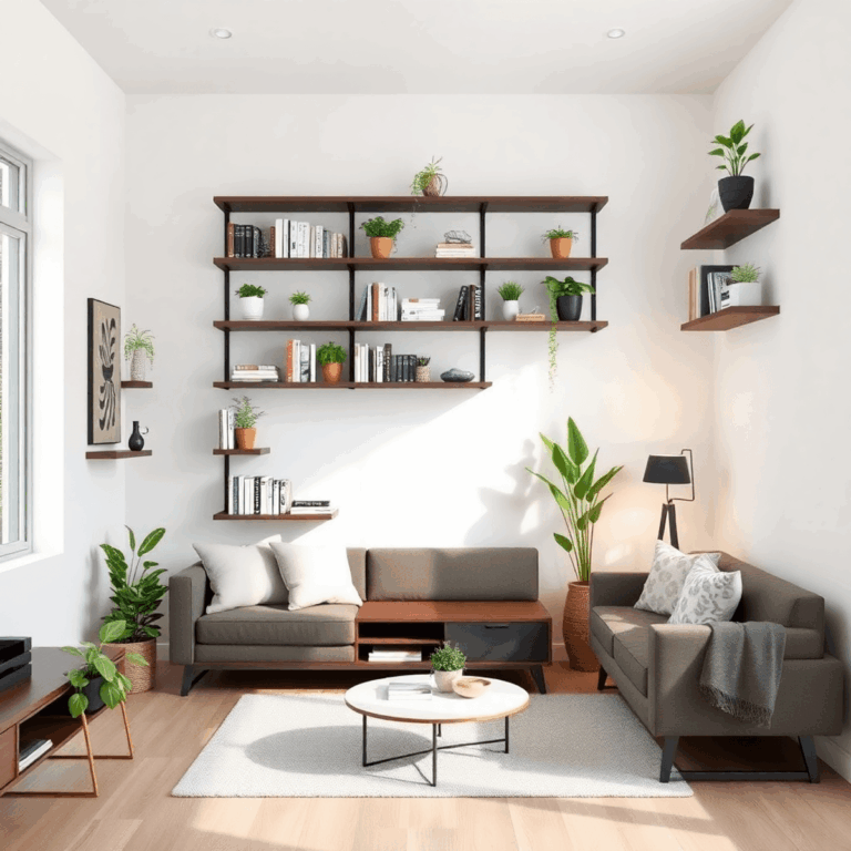 Bright modern living room with sleek wall-mounted shelves holding books, plants, and decor, highlighting smart vertical storage and a clutter-free ...