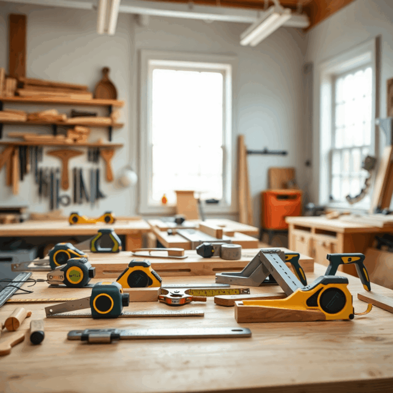 Bright modern woodworking workshop with hand tools neatly arranged on a wooden workbench, illuminated by natural light highlighting craftsmanship a...
