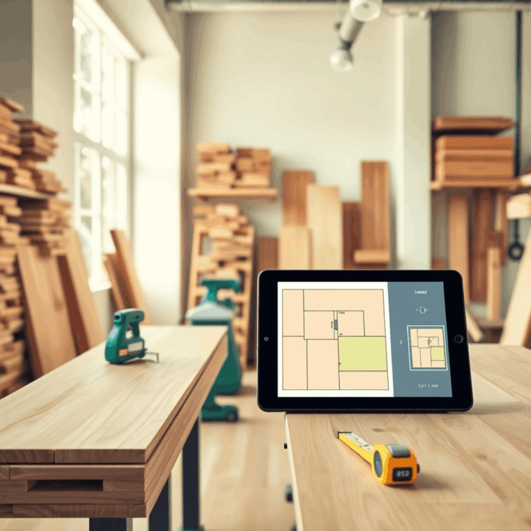 Bright woodworking workshop with organized wood planks, cutting tools, and a tablet showing optimized cut layouts, highlighting sustainability and ...