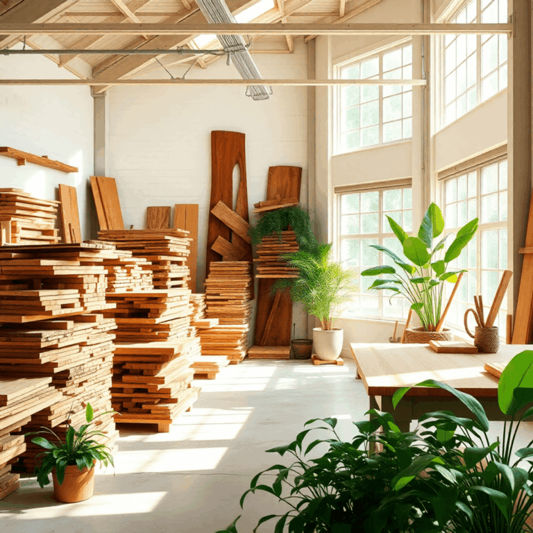 Bright woodworking workshop with reclaimed wood stacks, natural light through large windows, and green plants highlighting eco-friendly practices.