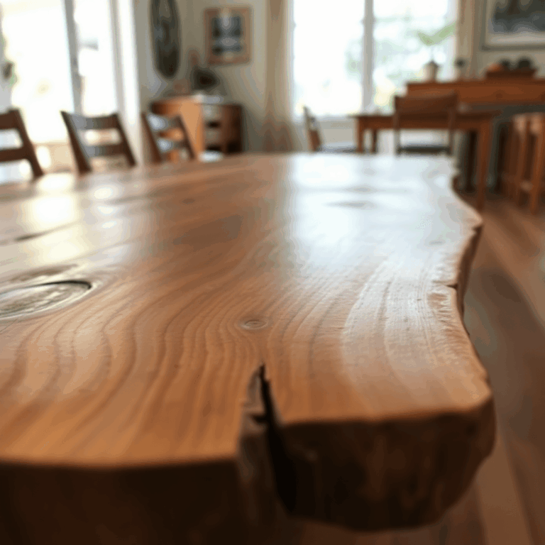 Close-up of a live-edge wooden table highlighting natural grain, knots, and irregular edges in a warm, softly lit home interior.