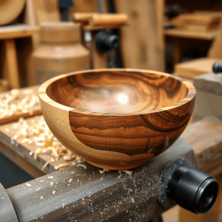 Close-up of a wooden bowl made from walnut and maple wood on a lathe, surrounded by wood shavings in a woodworking workshop.