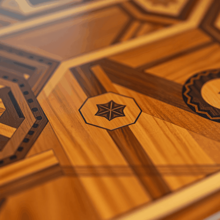 Close-up of a wooden surface with intricate geometric patterns and inlays, highlighting traditional craftsmanship and warm natural tones.