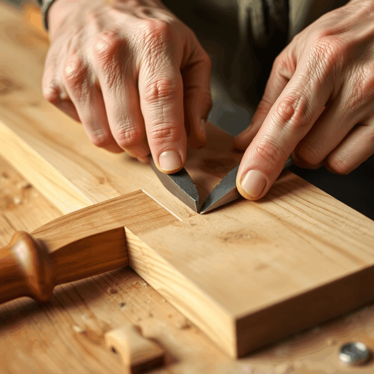 Close-up of hands using chisels and saws on wood, showcasing detailed joinery with natural textures and warm lighting.