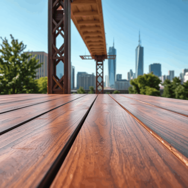 Close-up of polished wooden planks with a modern city skyline and green trees in the background, symbolizing sustainable urban forestry and eco-fri...
