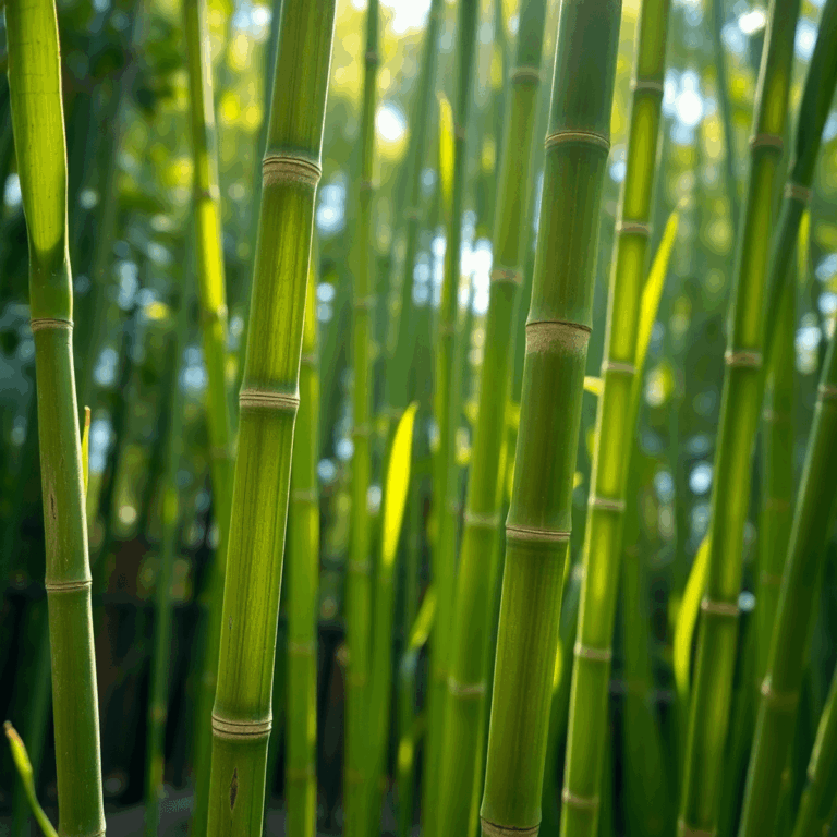 Close-up of vibrant green bamboo stalks in a sunlit forest, highlighting their tall, smooth texture and natural beauty.