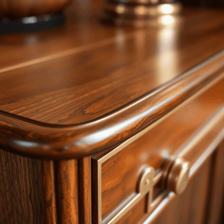 Close-up of wooden furniture with elegant brass inlays, showcasing warm wood tones and shiny brass details under soft natural light.