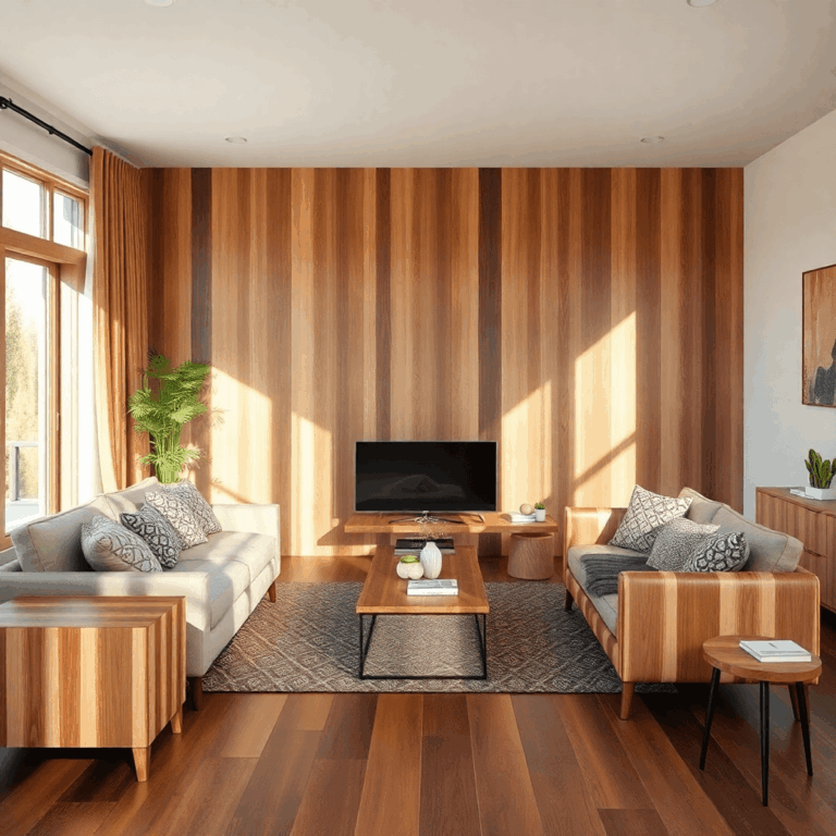 Cozy interior with mixed wood furniture and flooring in varied tones and grains, illuminated by warm natural light.
