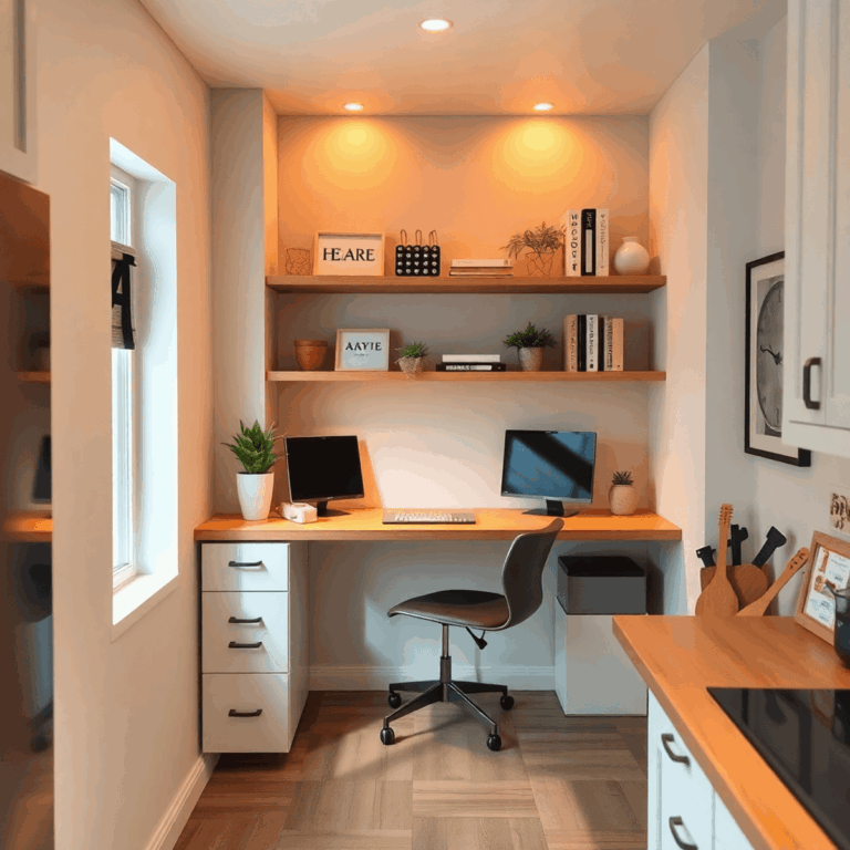 Cozy small home office in kitchen nook with fold-down desk, floating shelves, warm lighting, and minimalistic decor.