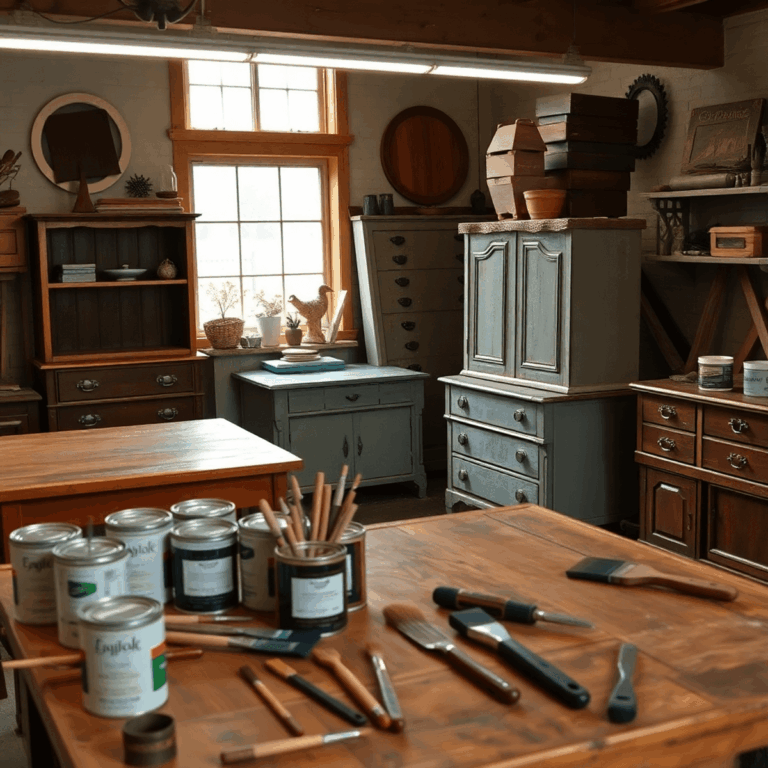 Cozy workshop with vintage wooden furniture, paint cans, brushes, stained wood surfaces, and waxing tools neatly arranged on a workbench.
