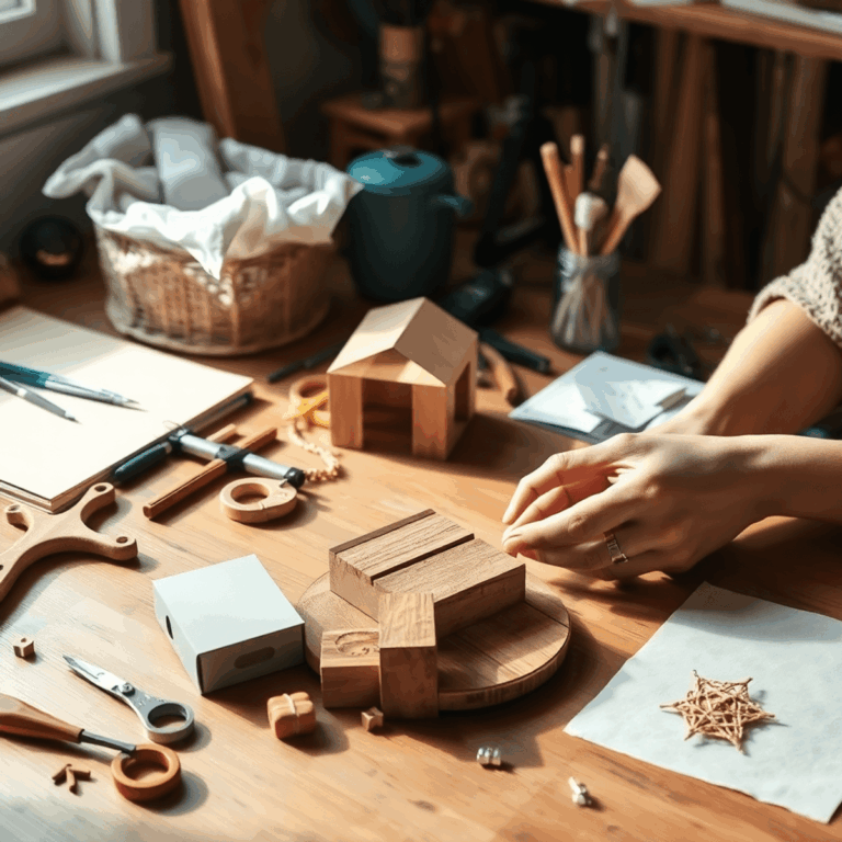 Hands assembling a small craft project on a wooden table with DIY tools and warm natural light creating a cozy workspace atmosphere.