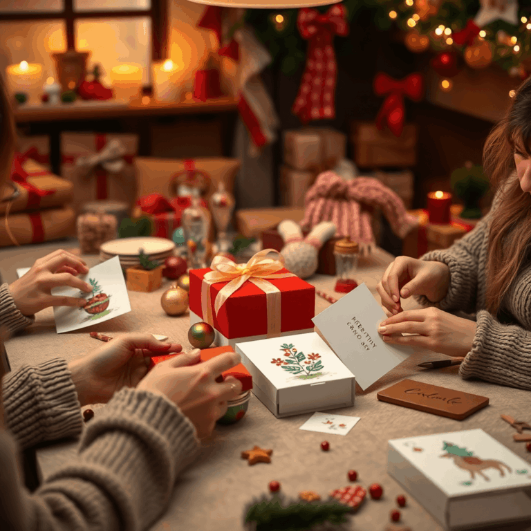 Hands crafting holiday gifts with painted ornaments, knitted items, and cards, surrounded by festive decorations and warm lighting.
