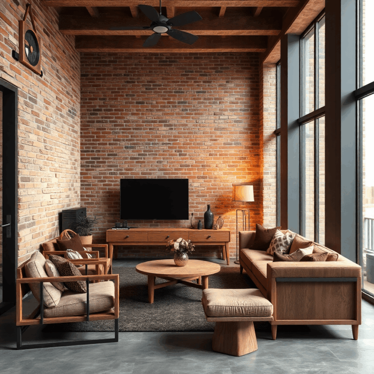 Modern interior with exposed brick, natural wood furniture, sleek glass and metal accents, warm lighting highlighting textured contrasts in a cozy ...