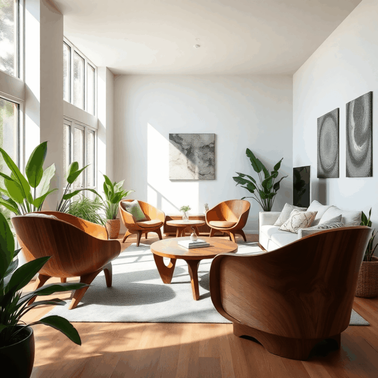 Modern living room with smooth, curved wooden furniture, soft natural light, plants, and natural textures creating a harmonious and tranquil atmosp...