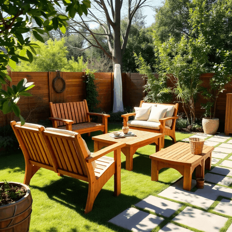 Wooden teak garden furniture in a sunny backyard surrounded by lush green plants, creating a peaceful and stylish outdoor space.