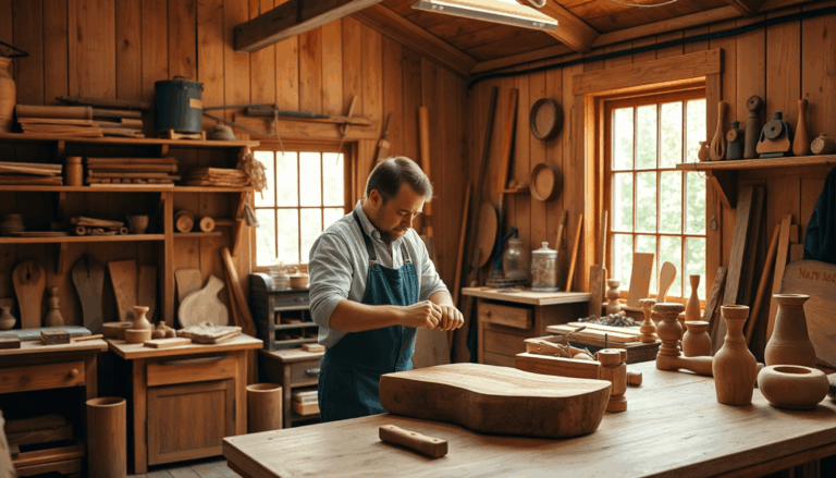 Woodworker shaping wood in a sunlit studio filled with tools, crafted items, and greenery visible through a window, symbolizing sustainability and ...