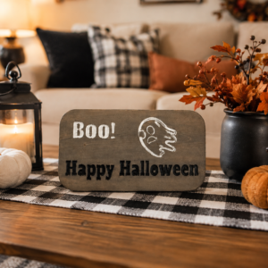 Wood Halloween Sign, Grey Ghost Plaque | 8" x 16" x 3/4" Rustic Decor