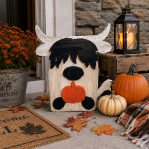 Highland Cow Fall Porch Decor, Rustic Wooden Cow with Pumpkin, Farmhouse Autumn Decoration, Handmade Fall Home Decor