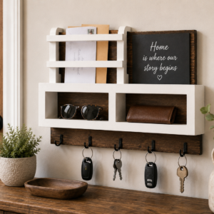 Farmhouse Key Holder with Mail Organizer & Chalkboard, Wall Mounted Entryway Organizer, Sunglasses & Wallet Shelf, Rustic Wood Key Rack