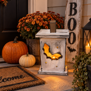 Halloween Bat Lantern | Rustic Wooden Halloween Decor | Farmhouse Porch Lantern | Handmade Fall Porch Decor | Halloween Candle Lantern