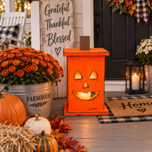 Wood Halloween Lantern, Rustic Pumpkin Porch Decor, Farmhouse Jack O Lantern, Wooden Halloween Decoration, Fall Porch Decor, Solid Pine