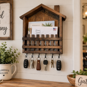 Mail Key Organizer, Rustic Wood Wall Holder with Six Hooks