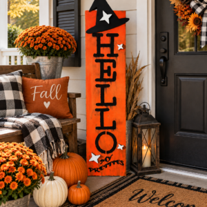 Rustic Halloween Porch Decor, Farmhouse Witch Sign, 50 Inch Wooden Porch Leaner, Spooky Front Door Fall Decoration, Halloween