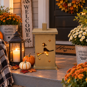 Wooden Witch Lantern, Solid Pine Halloween Decor with Broomstick Design
