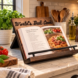 Wood Cookbook Stand with Black Metal Bar, CNC Carved Rustic Display